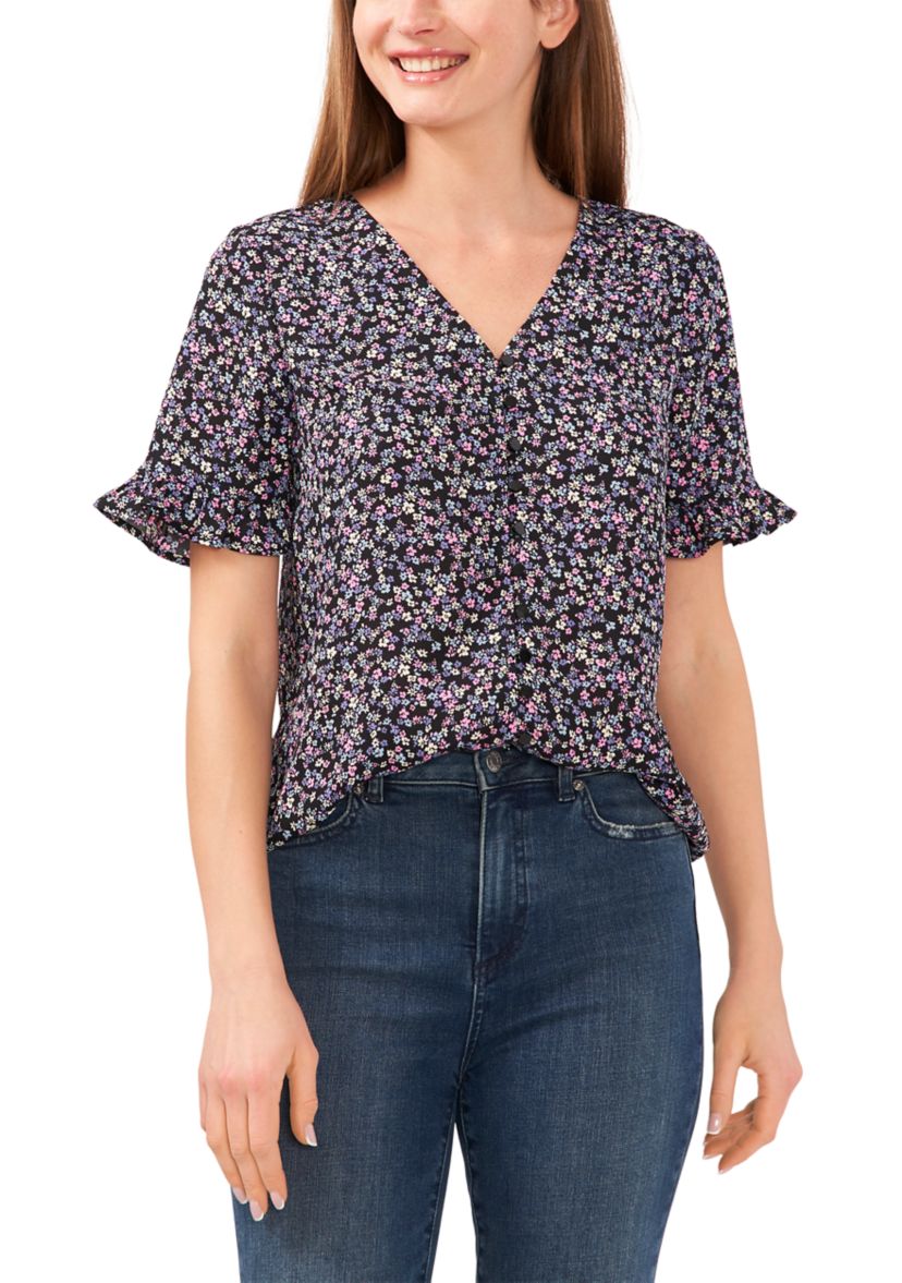 Womens Ruffle Ditsty Floral Printed Blouse