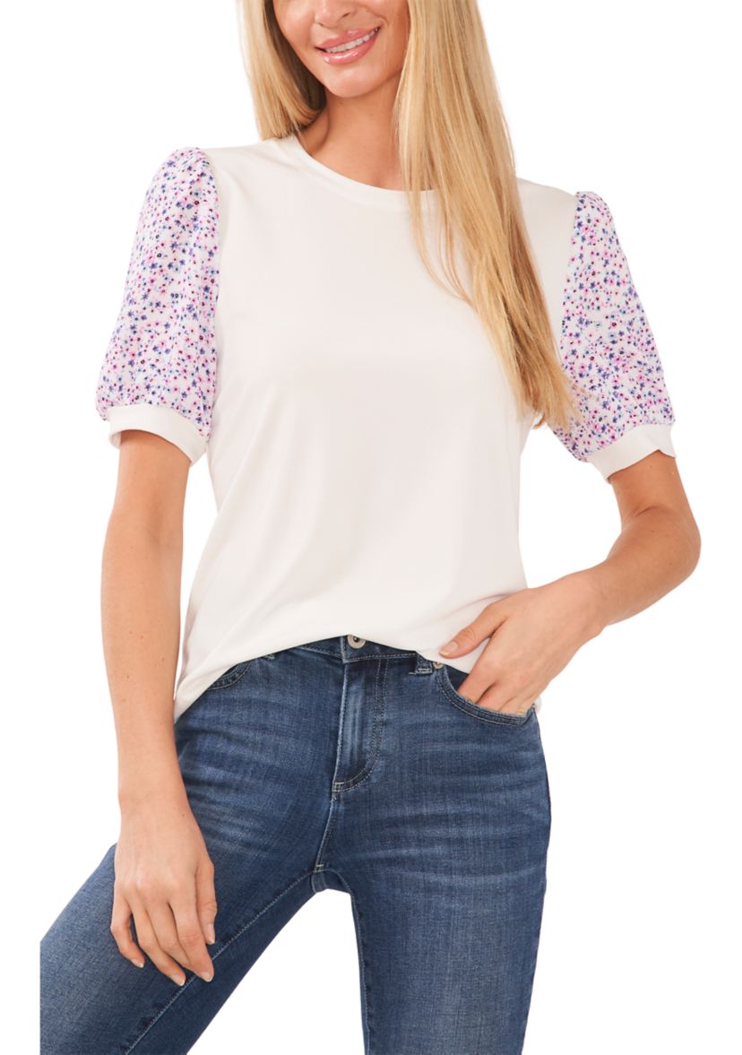 Womens Printed Puff Sleeve Knit Top