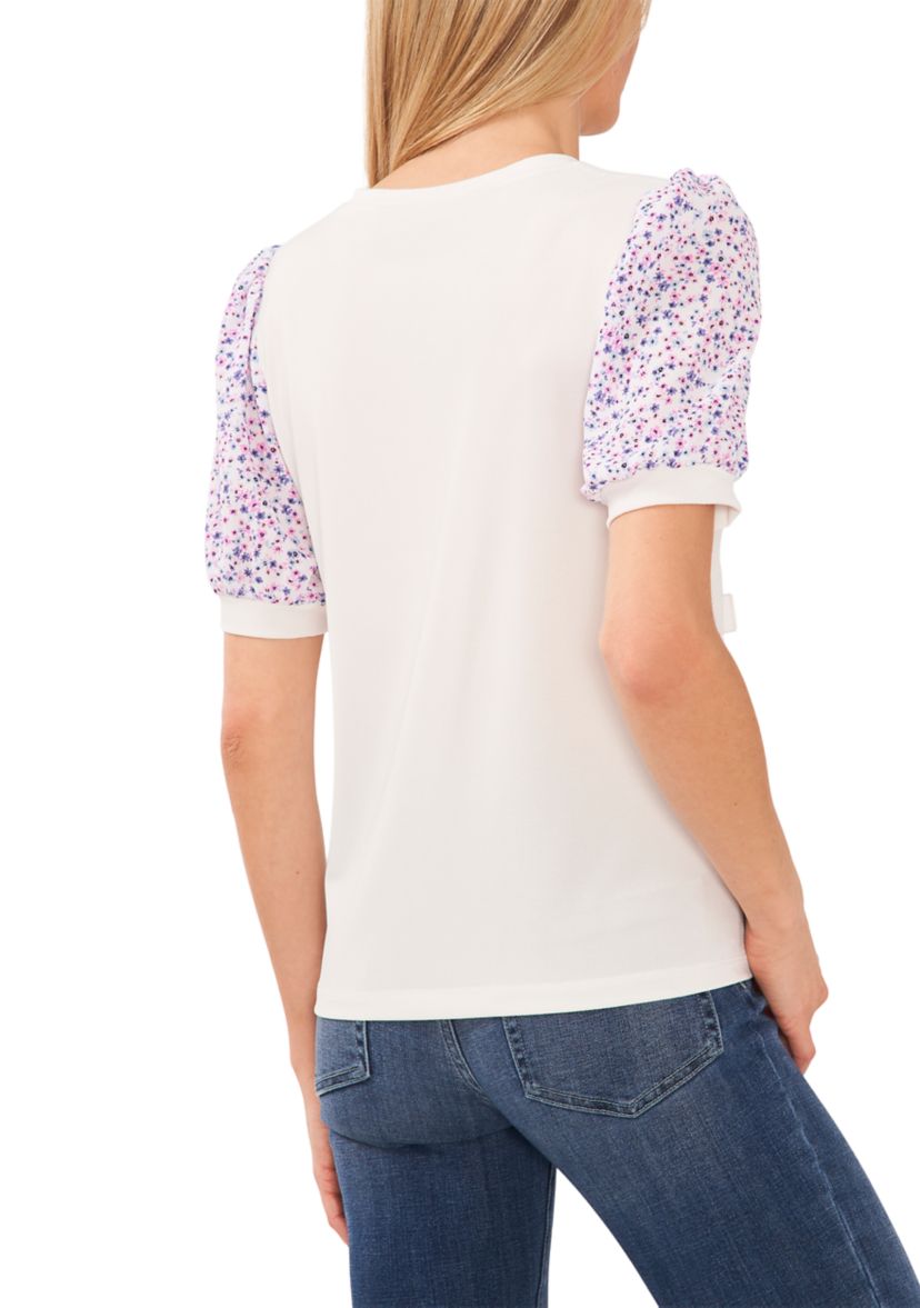 Womens Printed Puff Sleeve Knit Top