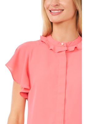 Women's Flutter Sleeve Solid Hidden Placket Blouse