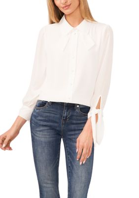 Women's Long Sleeve Tie Neck Button Front Blouse