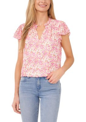 Women's Flutter Sleeve Floral Hidden Placket Blouse