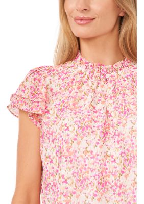 Women's Flutter Sleeve Floral Hidden Placket Blouse