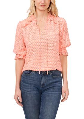 Women's Tie Neck Geometric Clip Dot Blouse