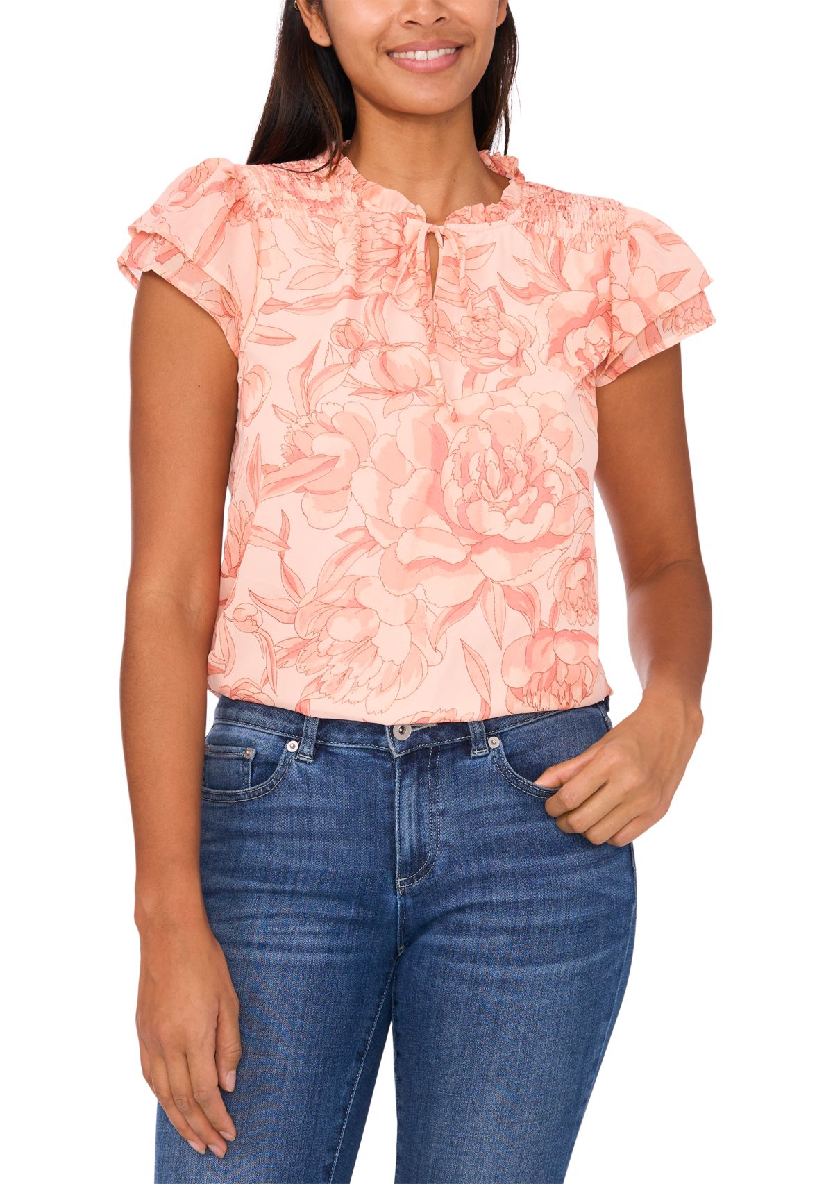 Womens Flutter Sleeve Floral Blouse