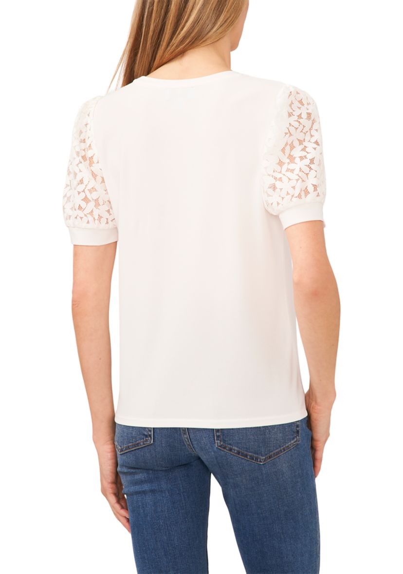 Womens Eyelet Puff Sleeve Knit Top