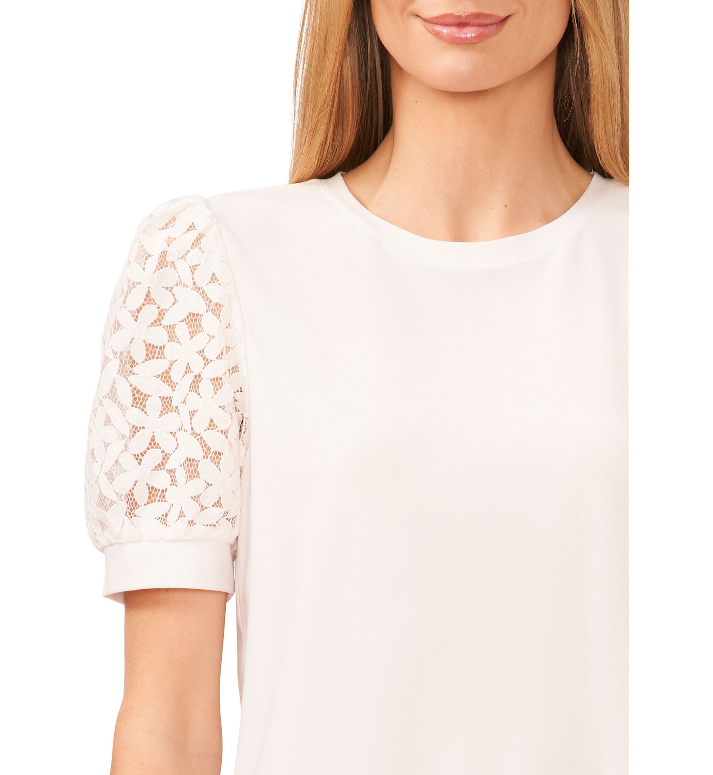 Womens Eyelet Puff Sleeve Knit Top