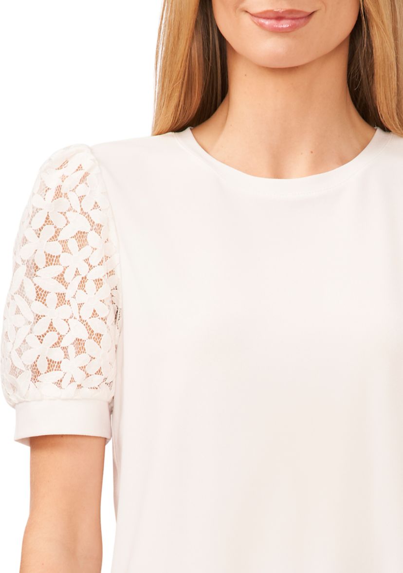 Womens Eyelet Puff Sleeve Knit Top
