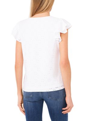 Women's Double Ruffle Knit Eyelet Top