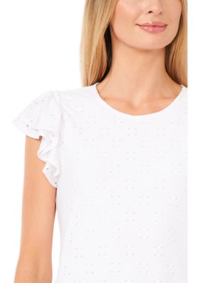 Women's Double Ruffle Knit Eyelet Top