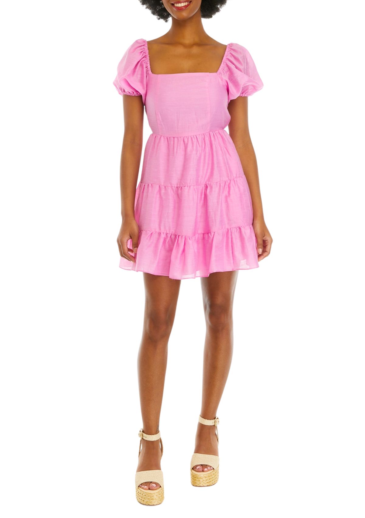 Womens Puff Sleeve Tiered Dress