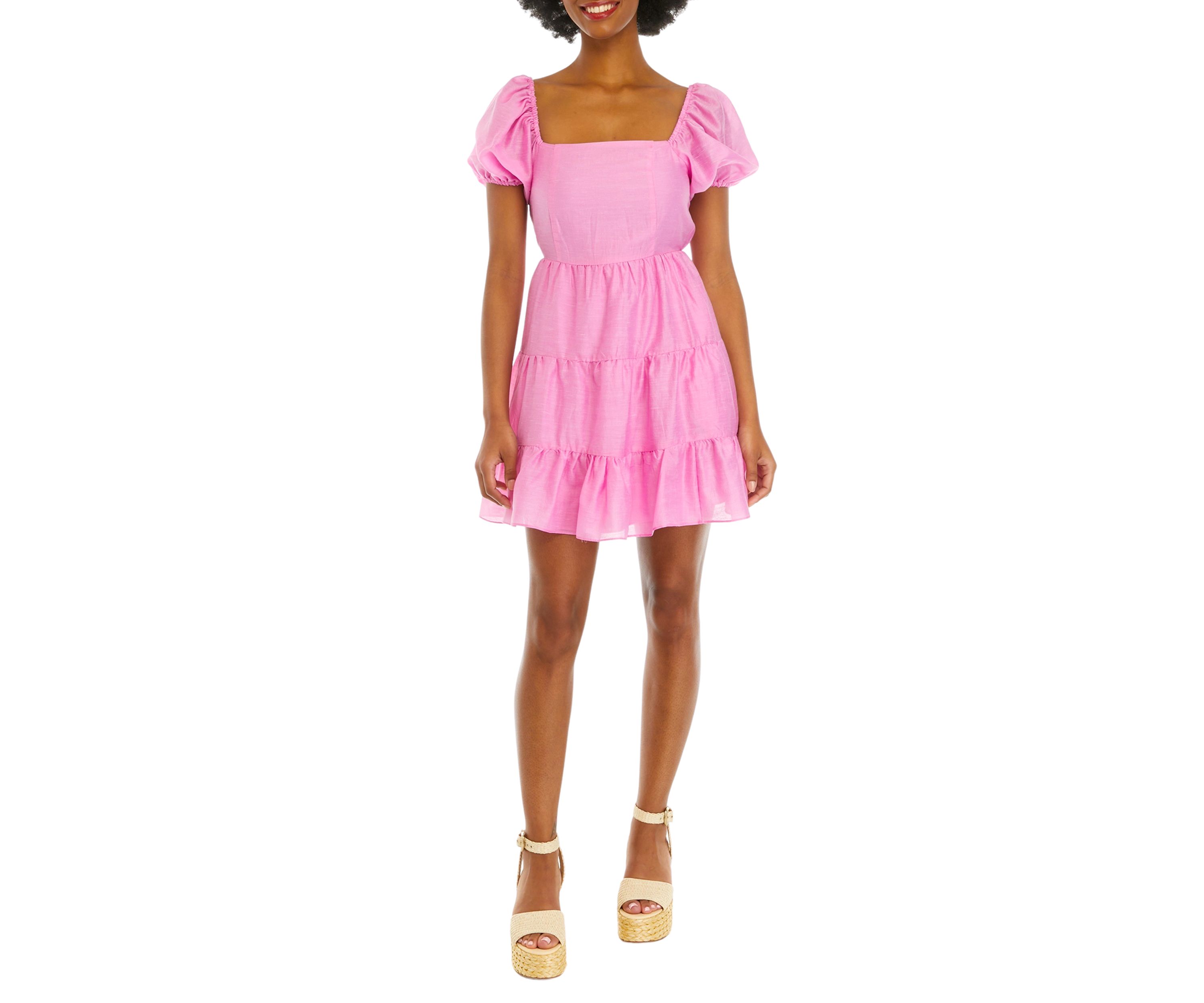 Womens Puff Sleeve Tiered Dress
