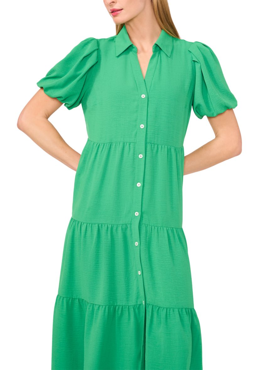 Womens Collar Button Front Tiered Midi Dress