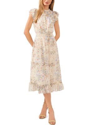 Women's Flutter Sleeve Floral Tiered Midi Dress