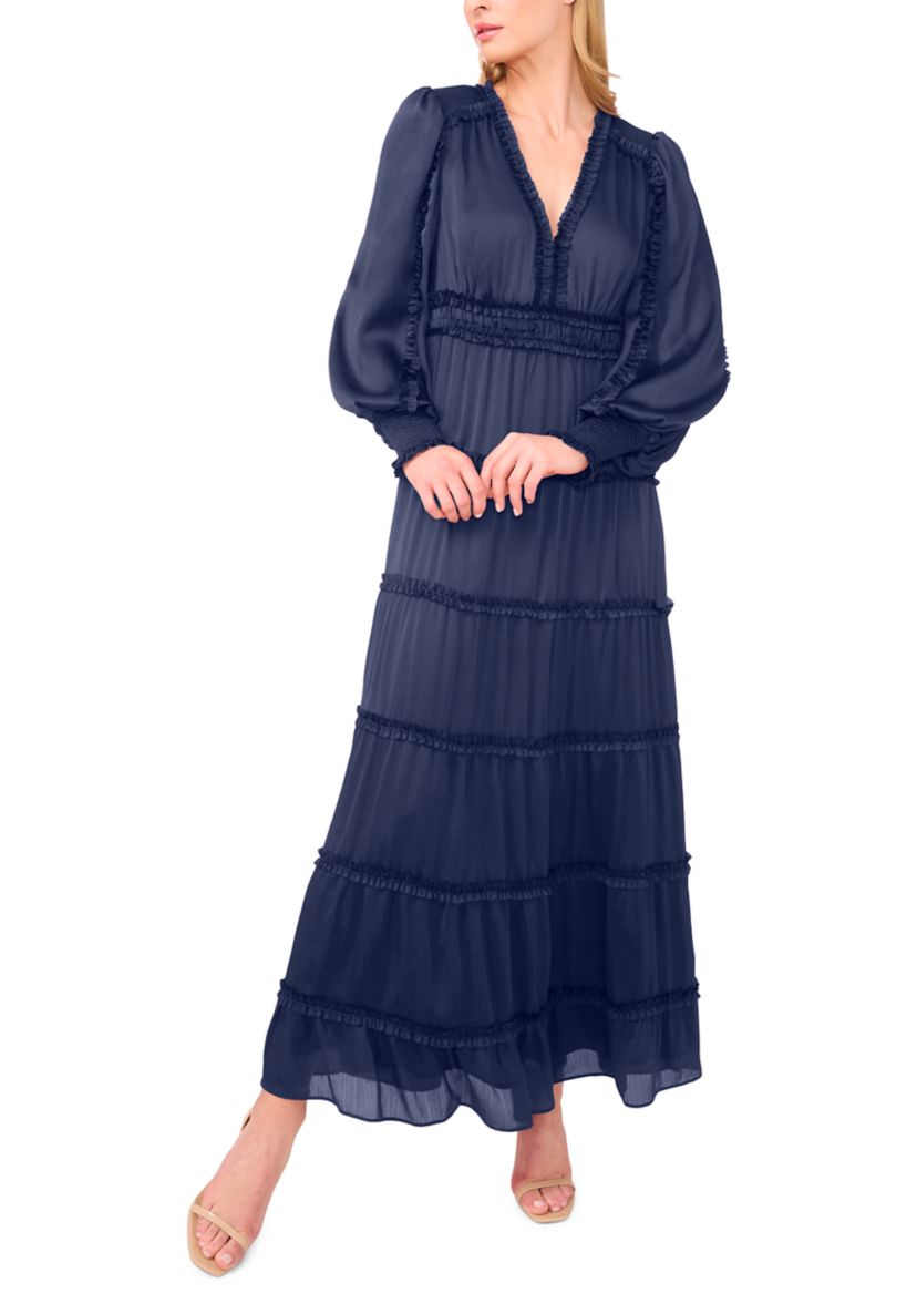 Womens Long Sleeve Tiered Plisse Maxi Dress