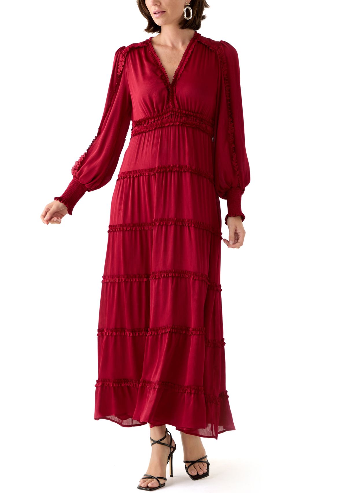 Womens Long Sleeve Tiered Plisse Maxi Dress