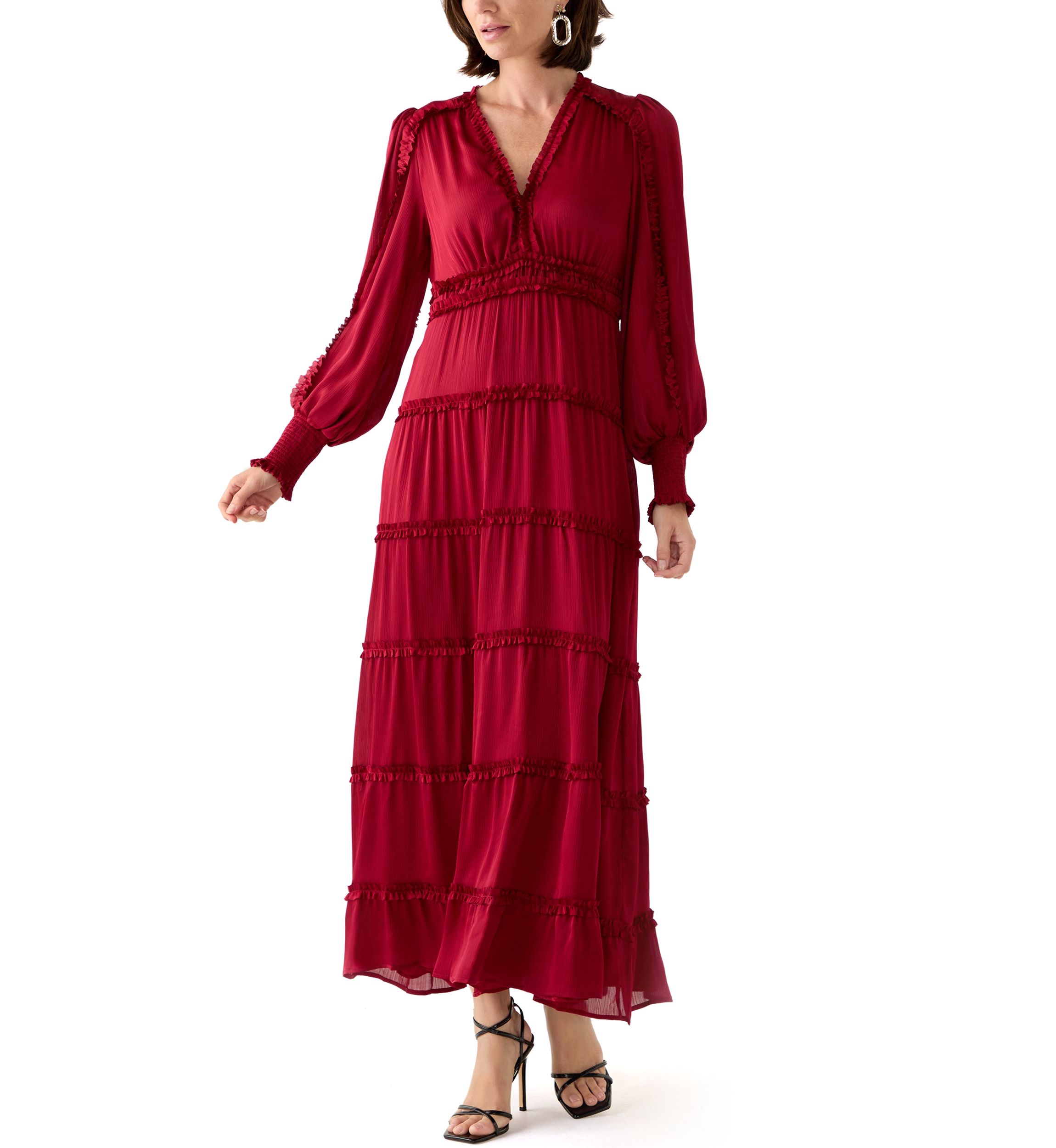 Womens Long Sleeve Tiered Plisse Maxi Dress