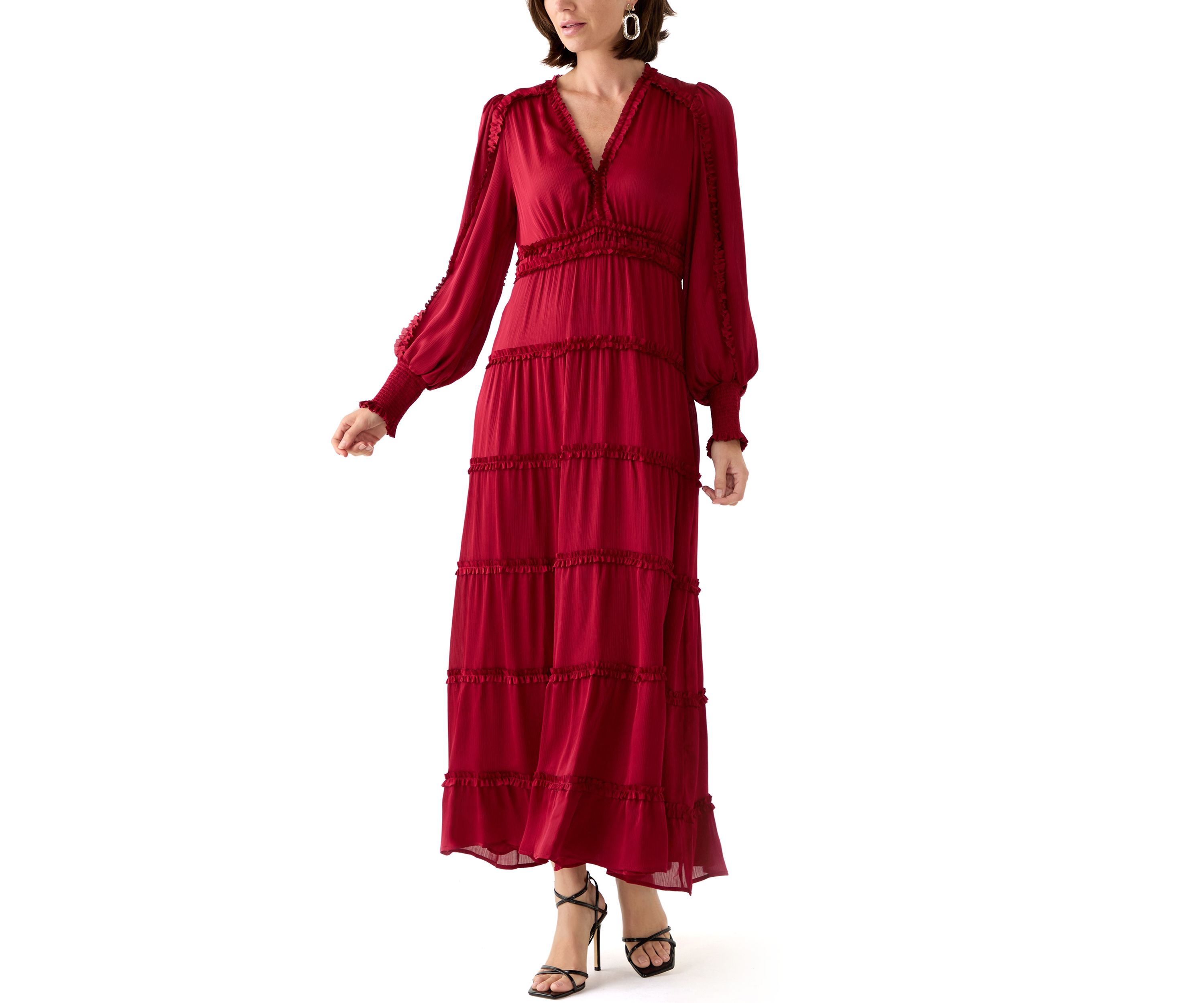 Womens Long Sleeve Tiered Plisse Maxi Dress