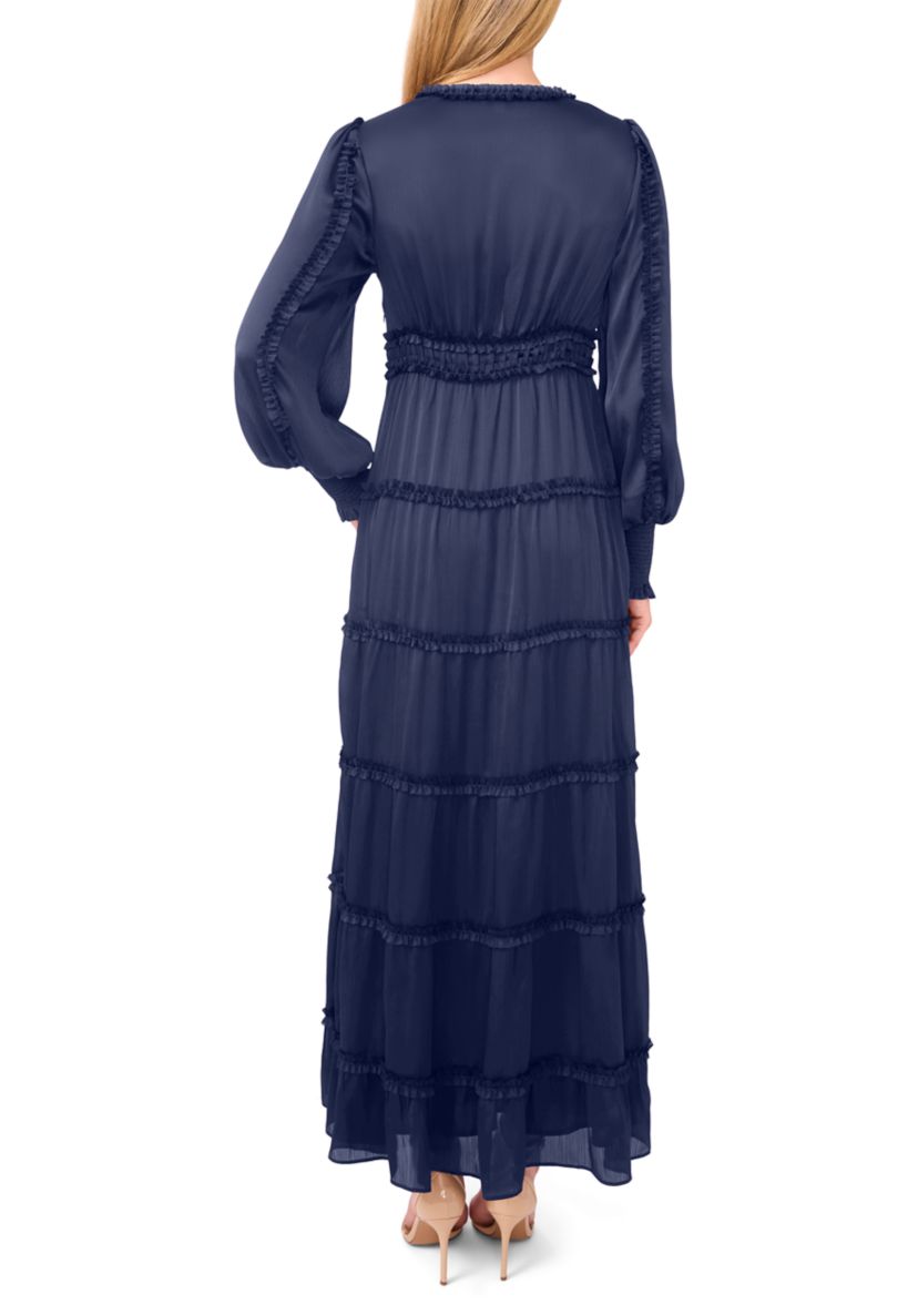 Womens Long Sleeve Tiered Plisse Maxi Dress