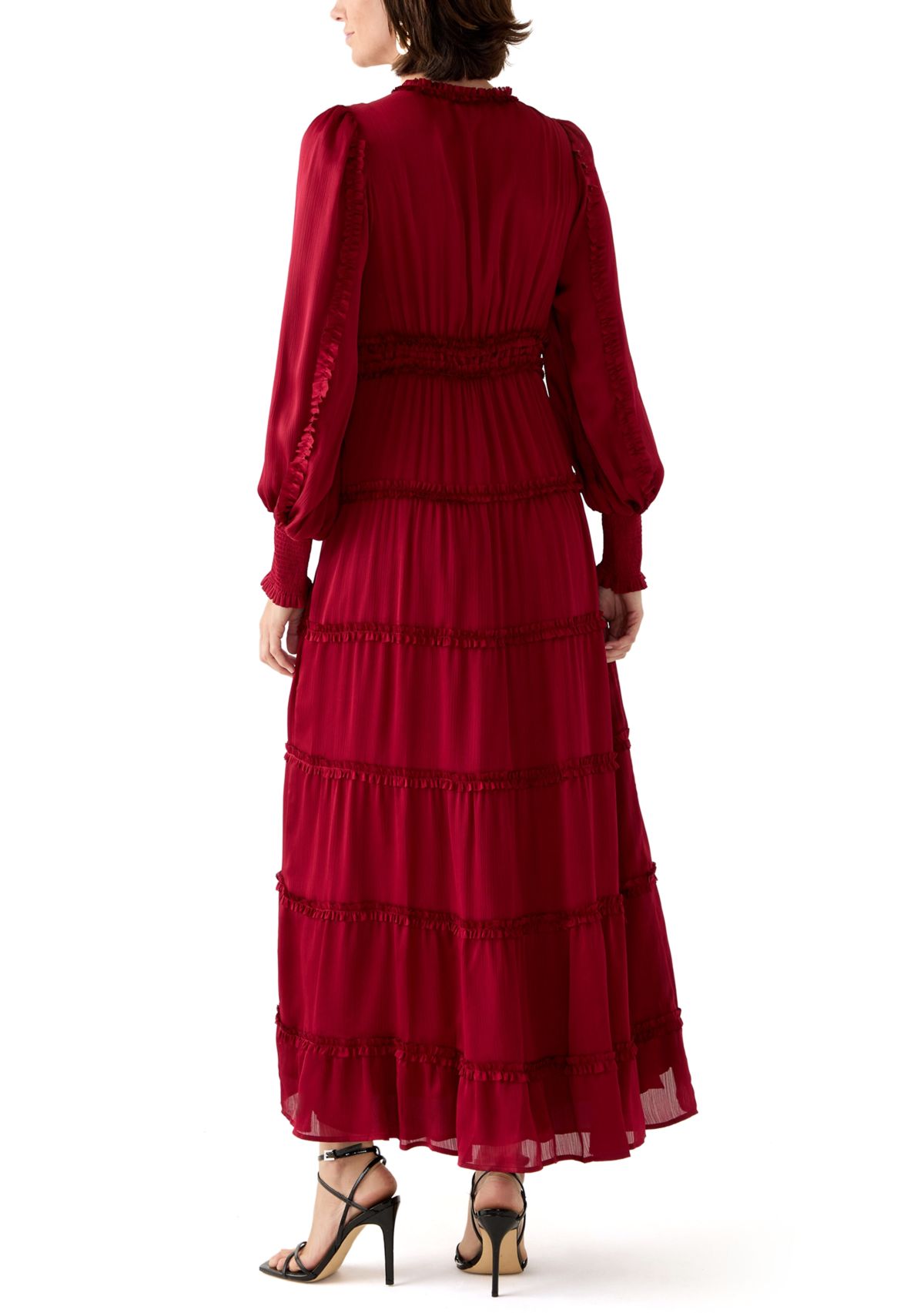 Womens Long Sleeve Tiered Plisse Maxi Dress