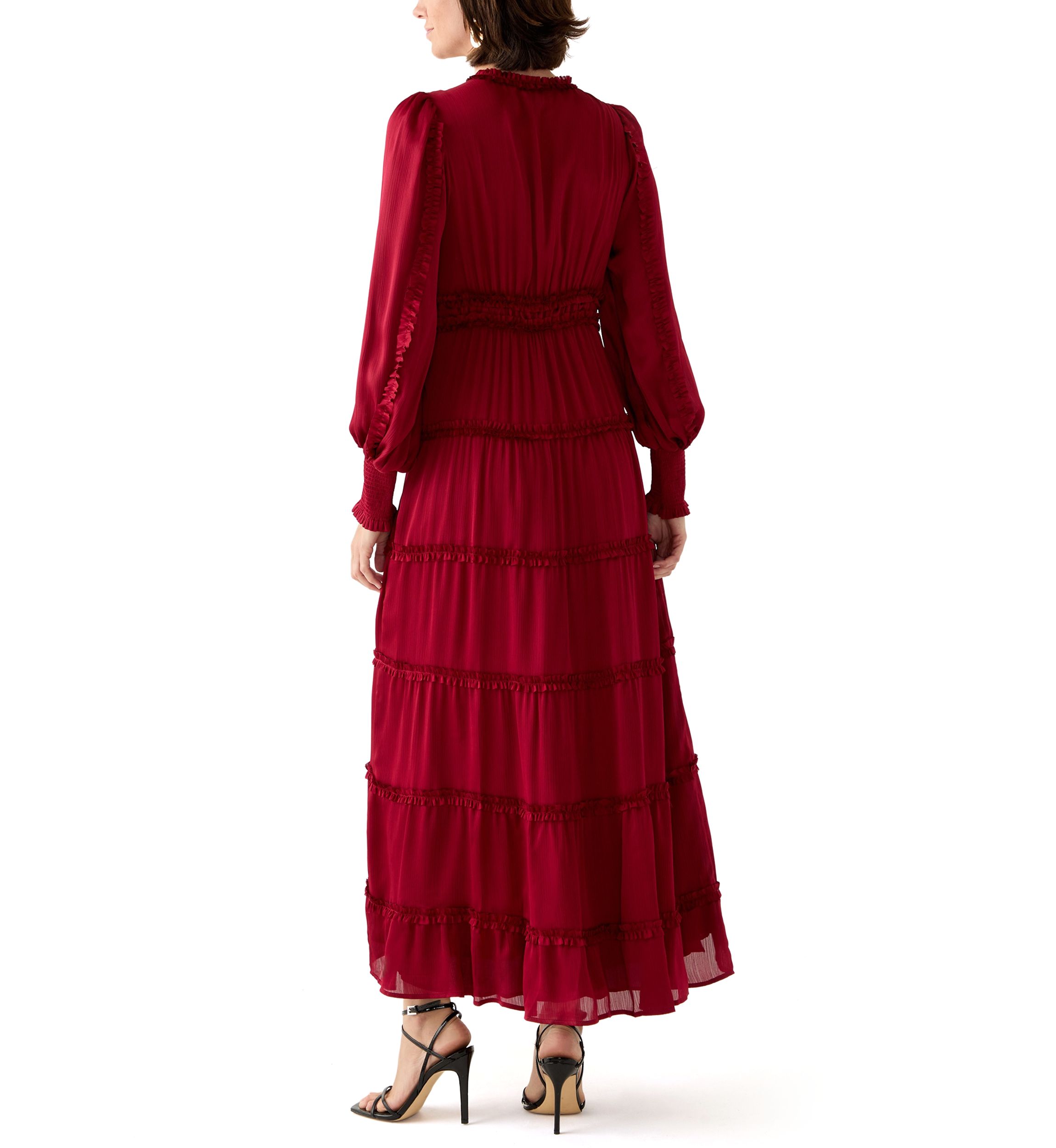 Womens Long Sleeve Tiered Plisse Maxi Dress