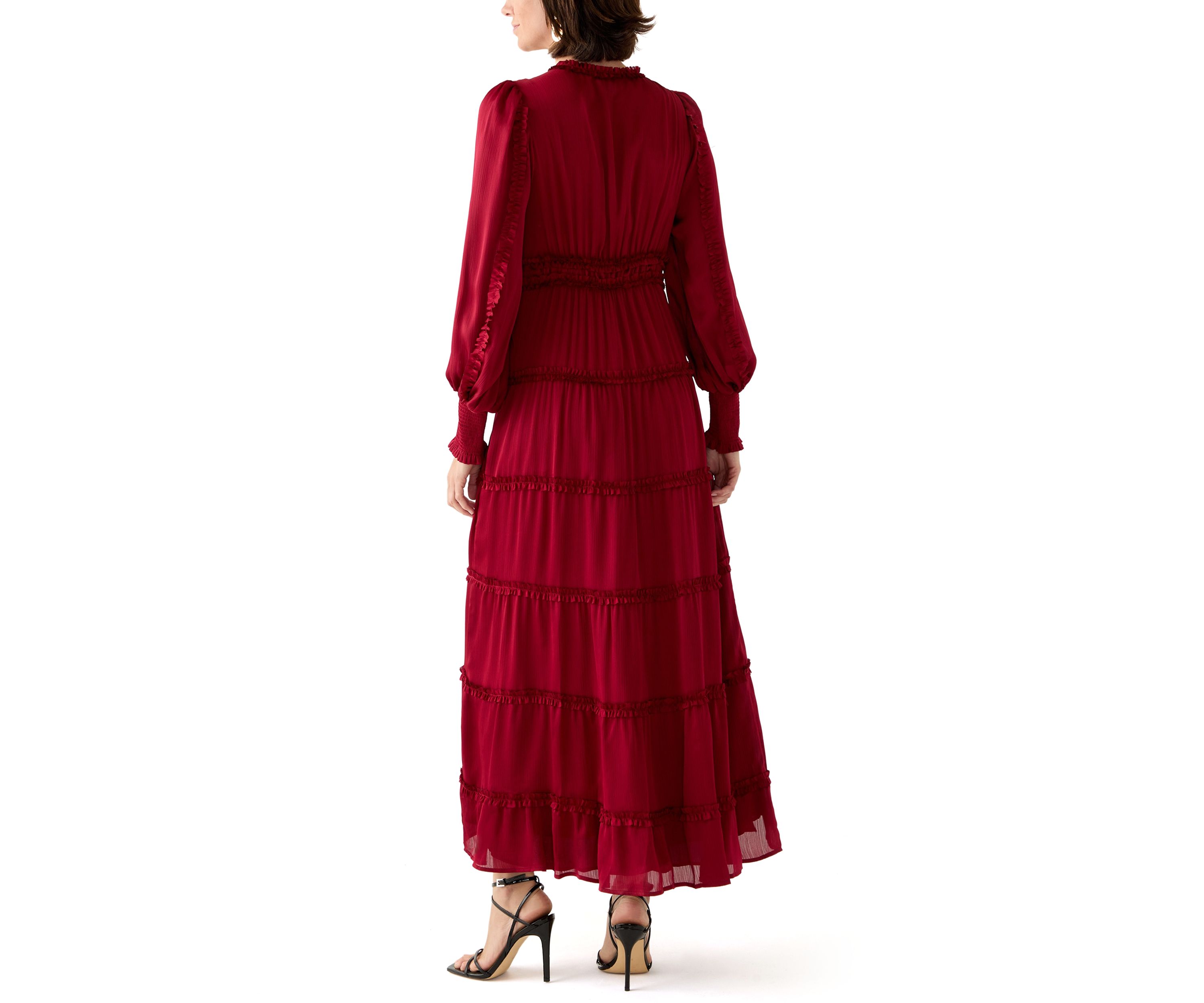 Womens Long Sleeve Tiered Plisse Maxi Dress