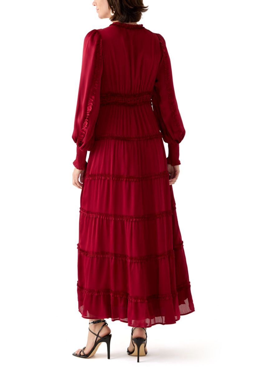 Womens Long Sleeve Tiered Plisse Maxi Dress