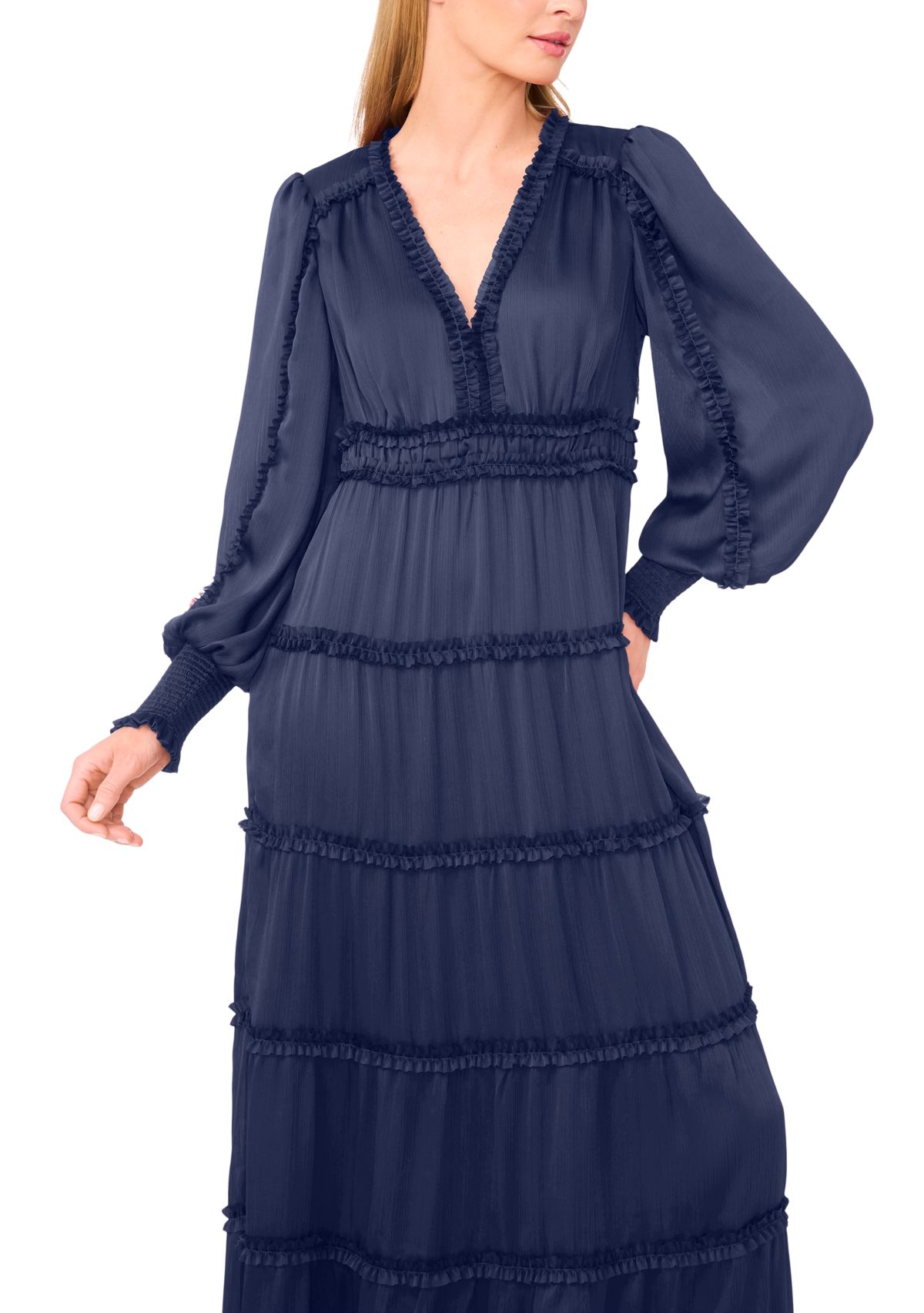 Womens Long Sleeve Tiered Plisse Maxi Dress