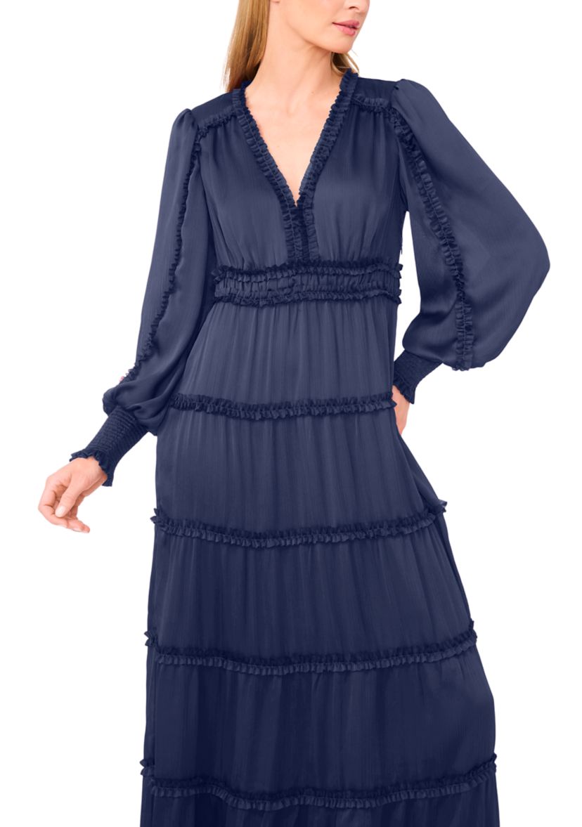 Womens Long Sleeve Tiered Plisse Maxi Dress