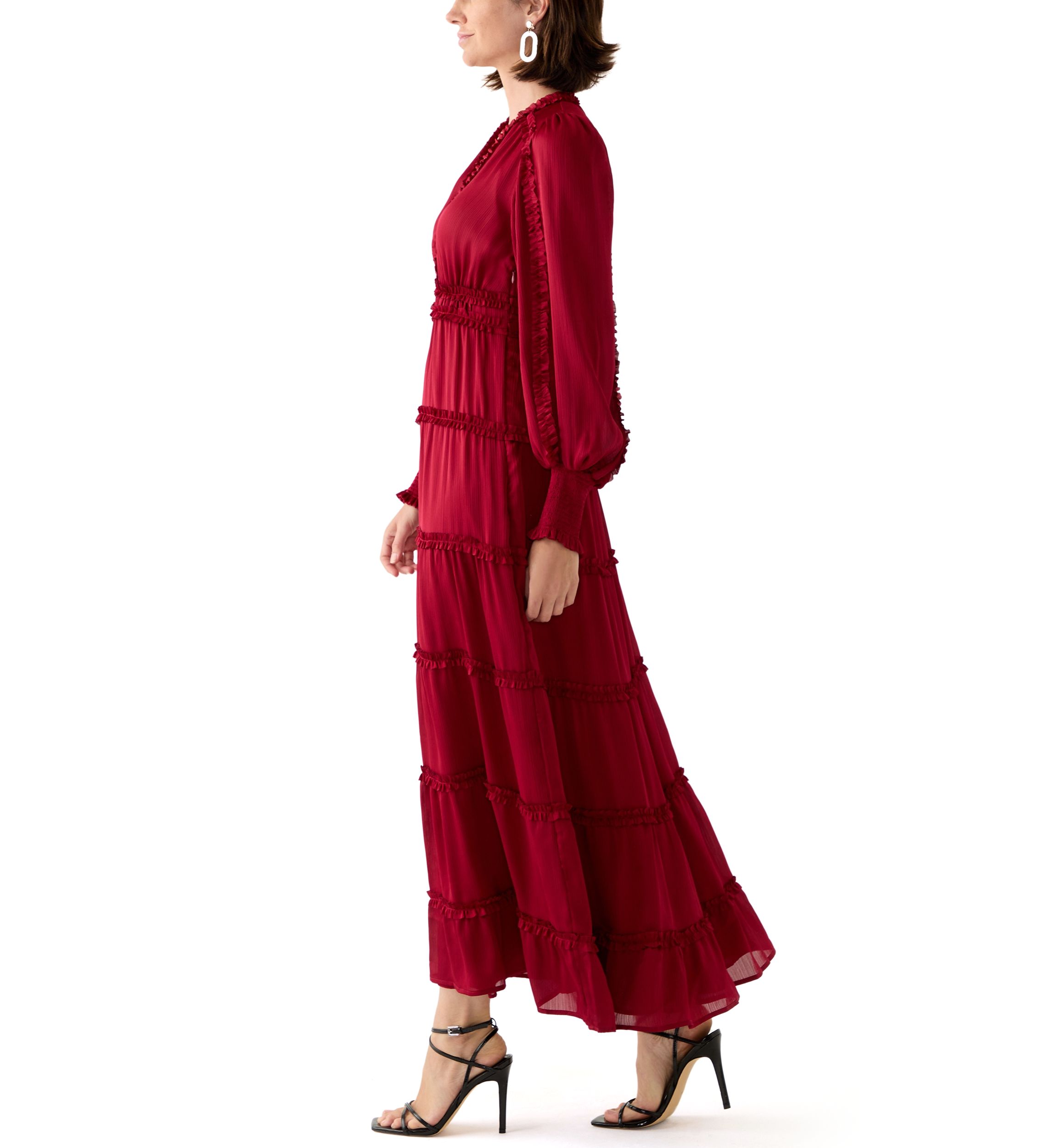 Womens Long Sleeve Tiered Plisse Maxi Dress