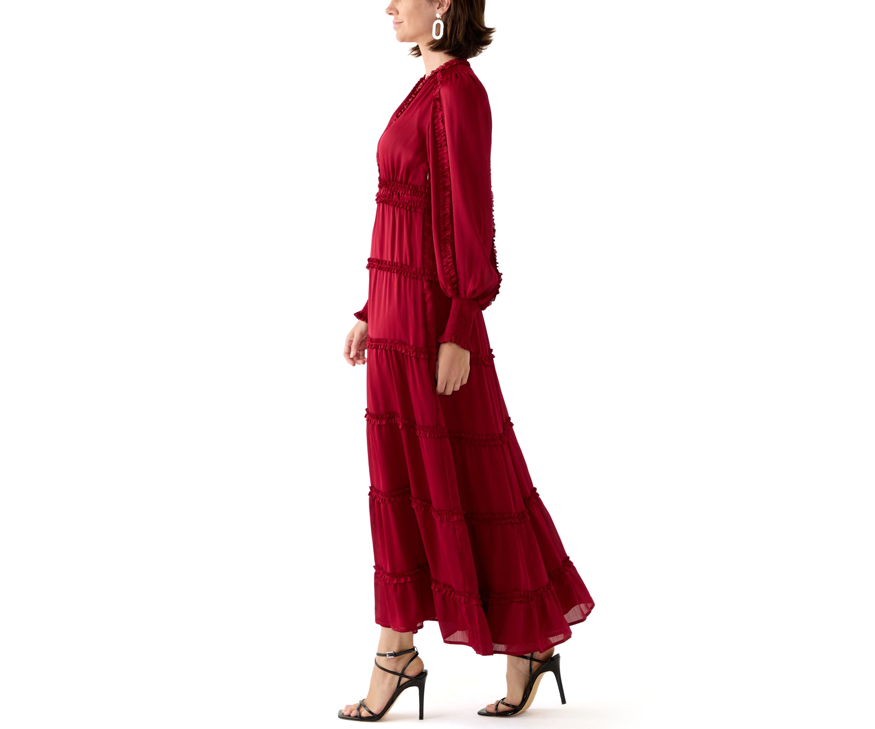 Womens Long Sleeve Tiered Plisse Maxi Dress