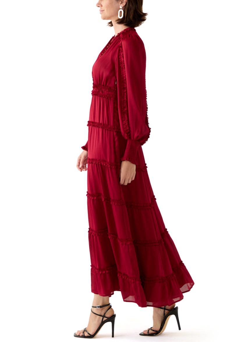 Womens Long Sleeve Tiered Plisse Maxi Dress