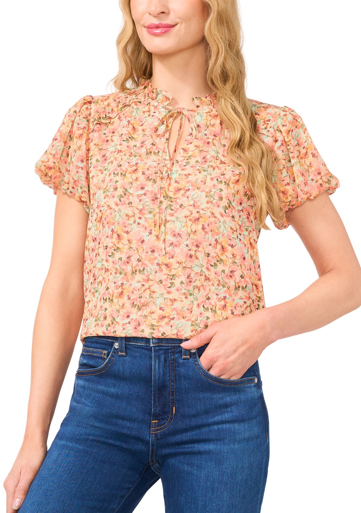 Womens Puff Sleeve Floral Ruffle Tie Neck Blouse