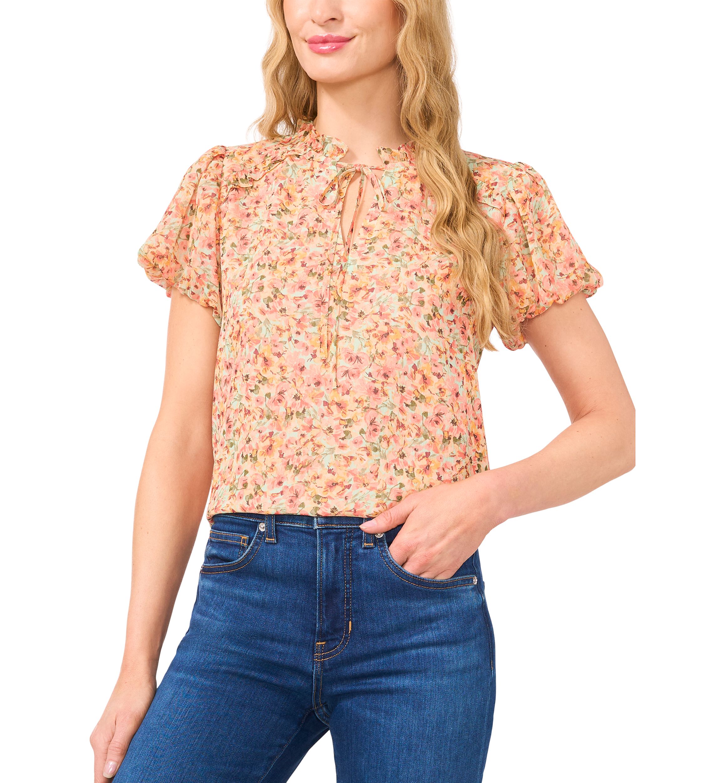Womens Puff Sleeve Floral Ruffle Tie Neck Blouse