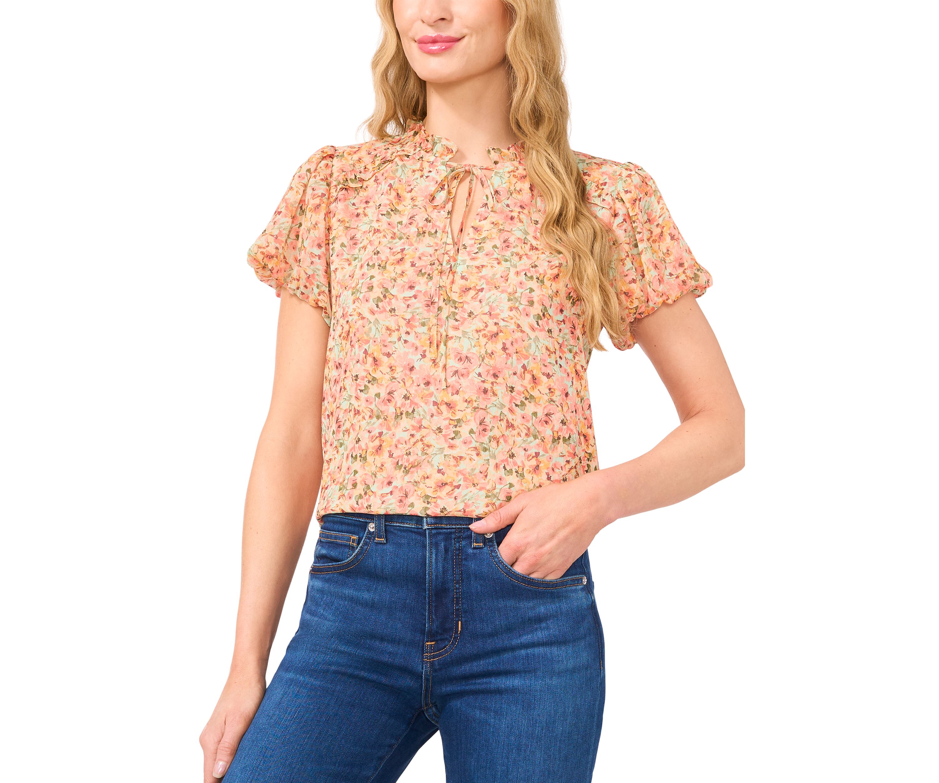 Womens Puff Sleeve Floral Ruffle Tie Neck Blouse