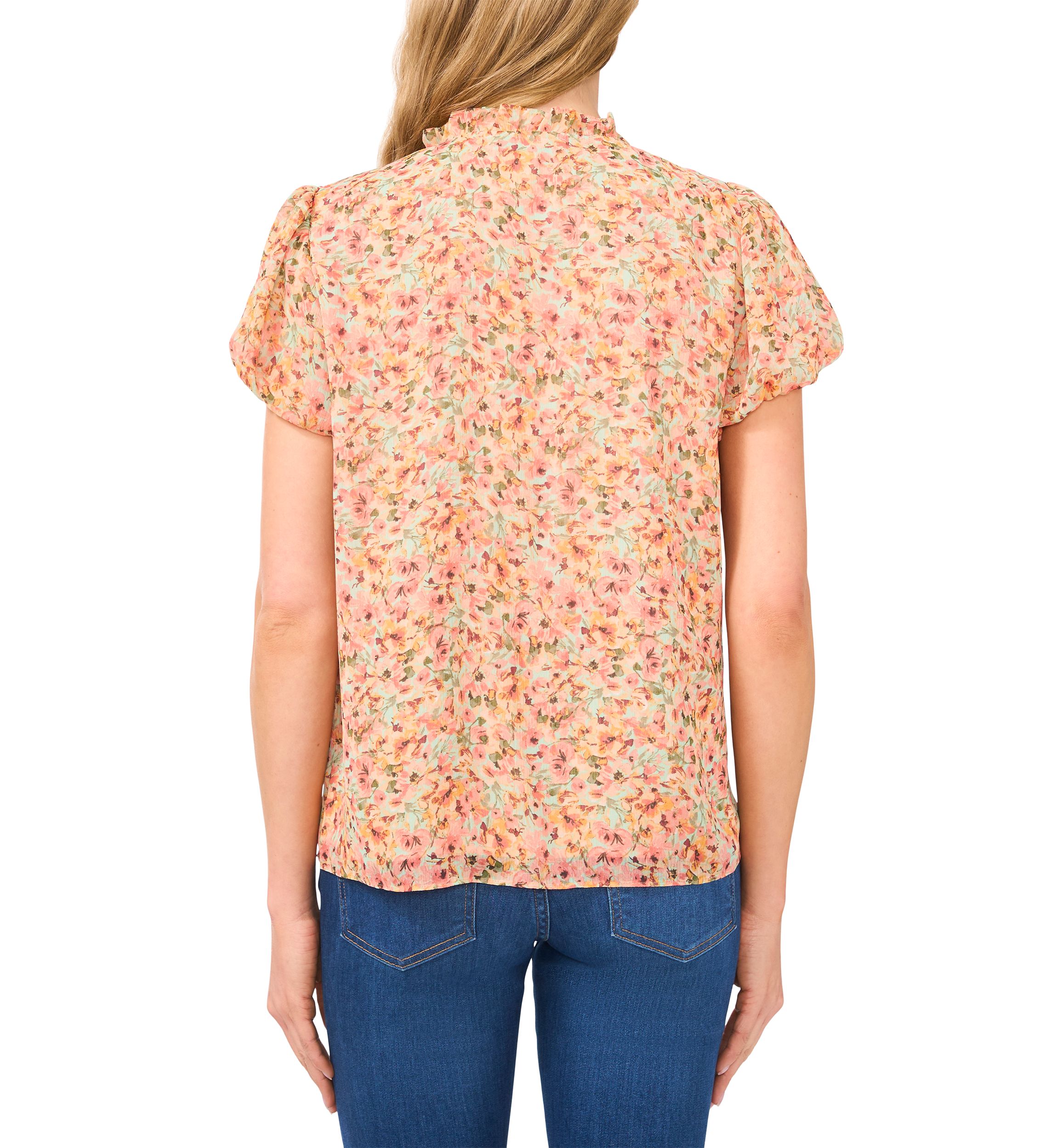 Womens Puff Sleeve Floral Ruffle Tie Neck Blouse