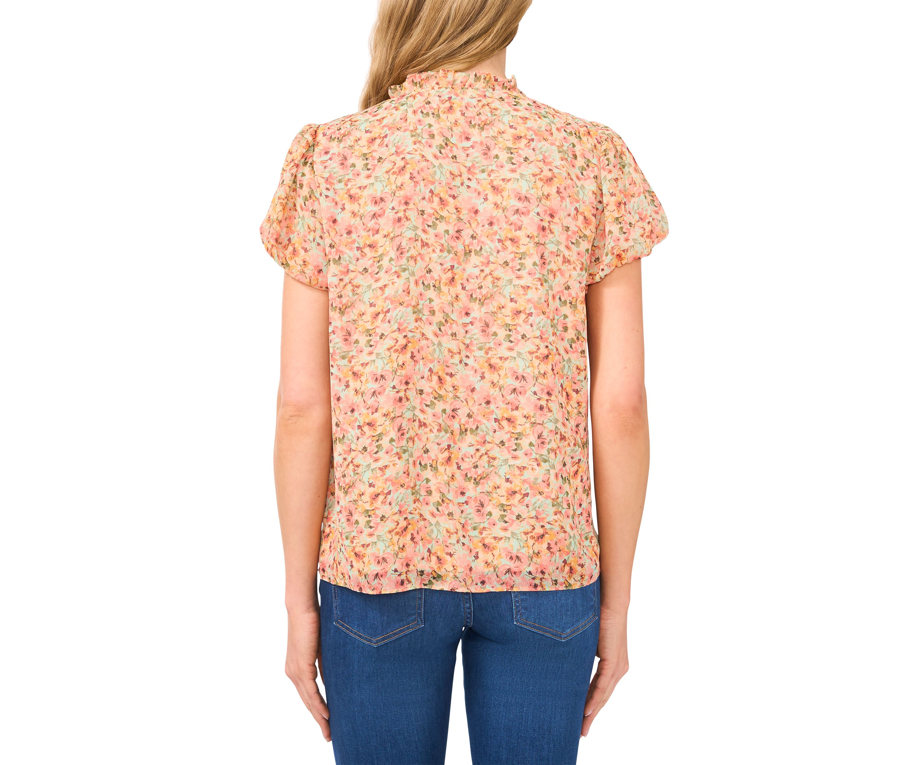 Womens Puff Sleeve Floral Ruffle Tie Neck Blouse