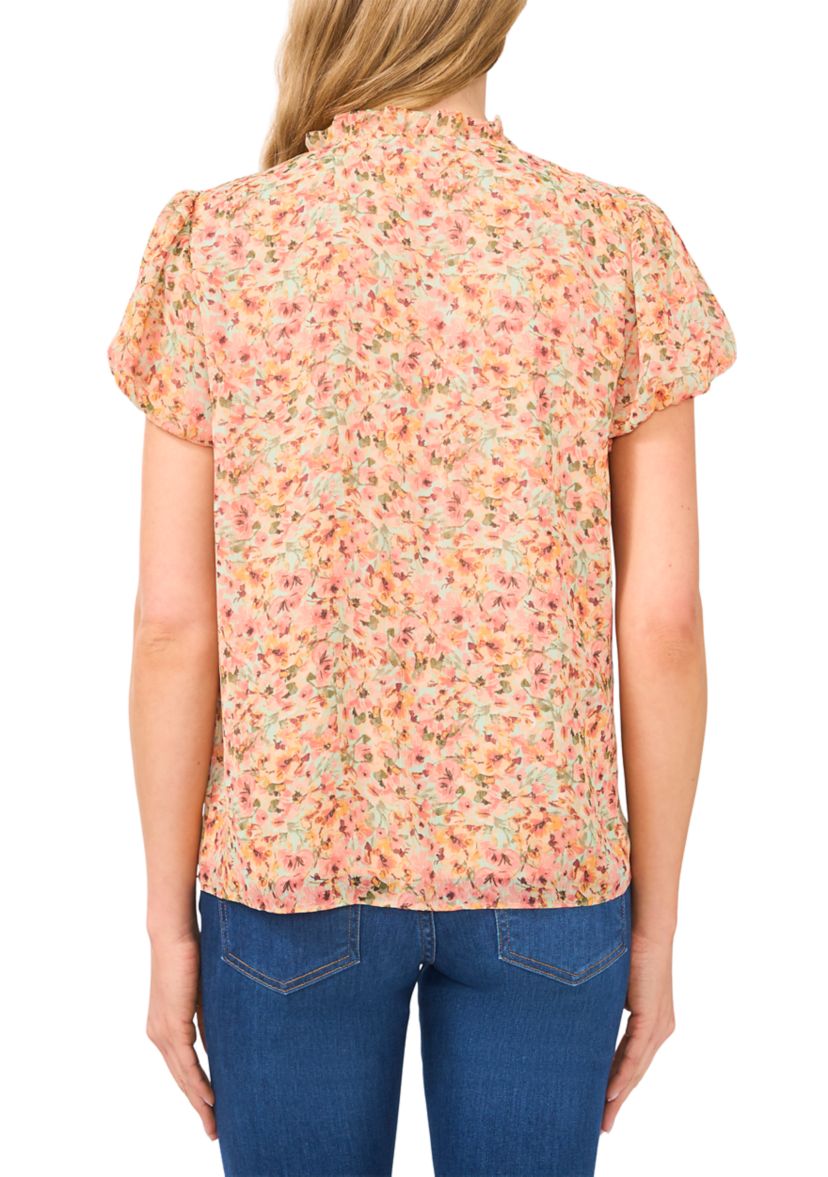 Womens Puff Sleeve Floral Ruffle Tie Neck Blouse