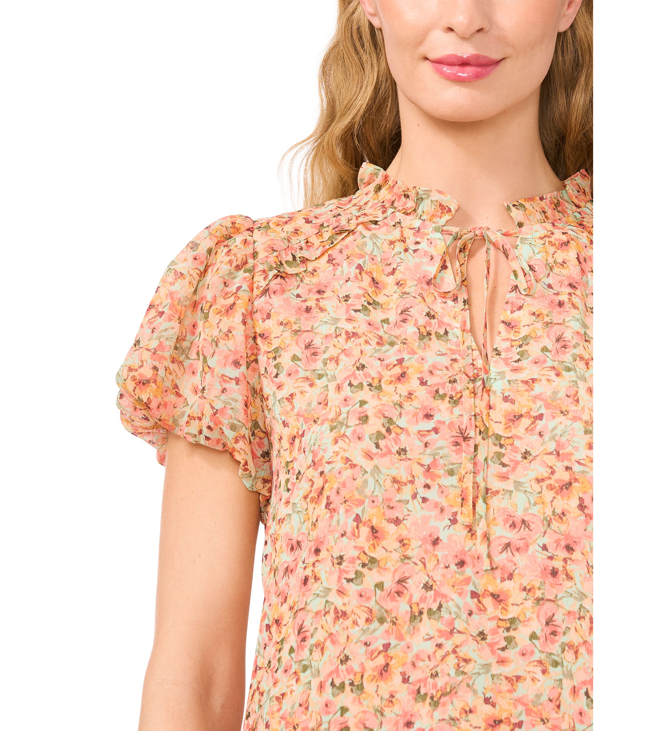 Womens Puff Sleeve Floral Ruffle Tie Neck Blouse