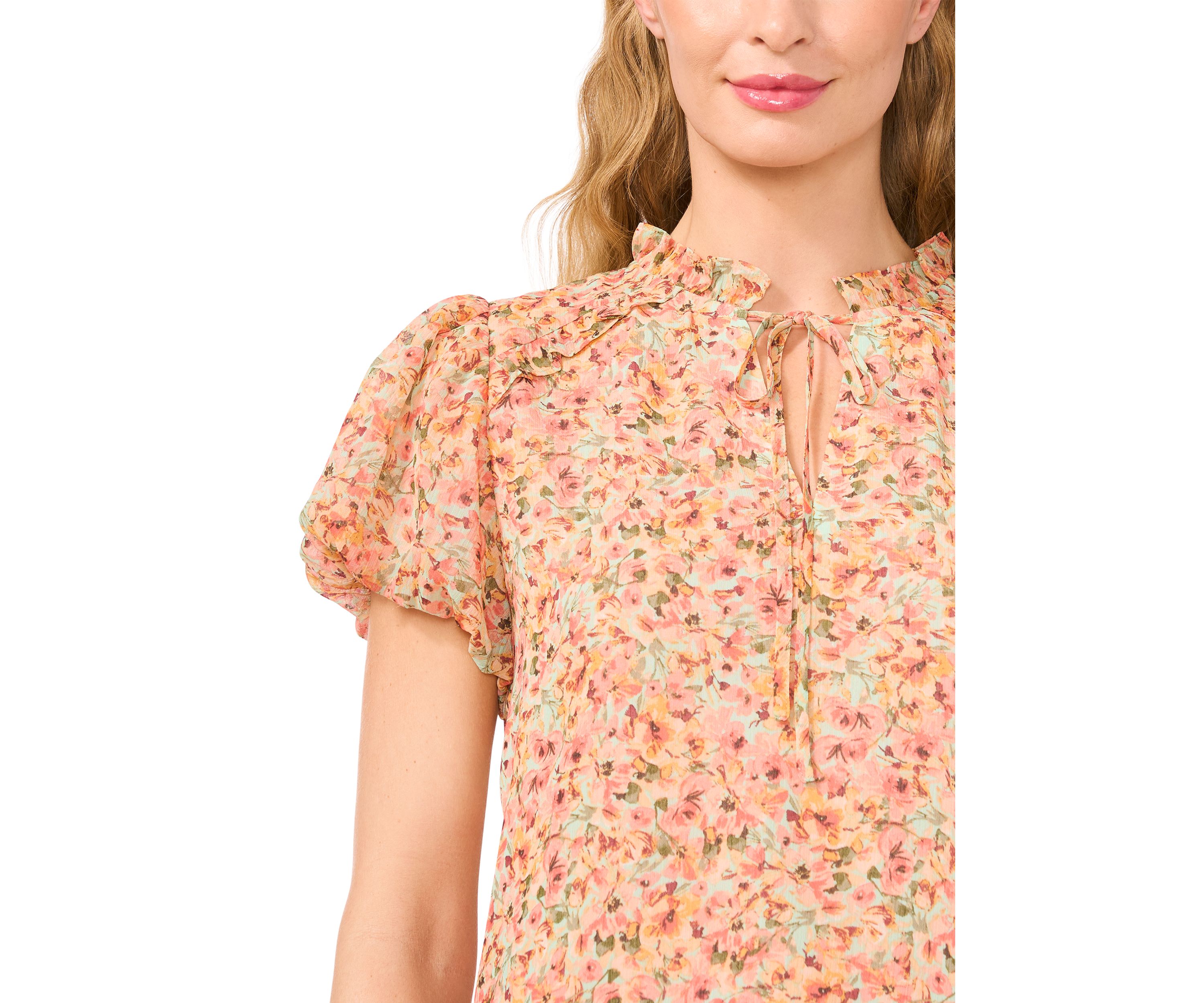 Womens Puff Sleeve Floral Ruffle Tie Neck Blouse