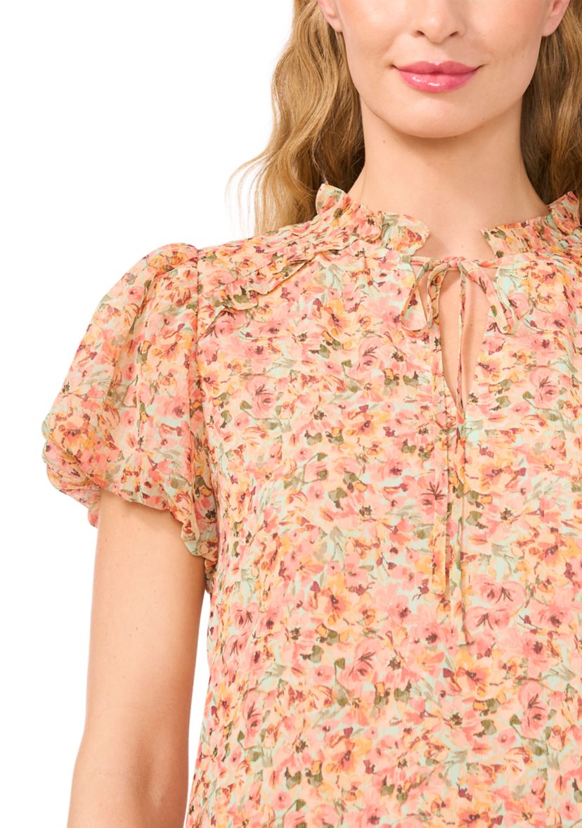 Womens Puff Sleeve Floral Ruffle Tie Neck Blouse