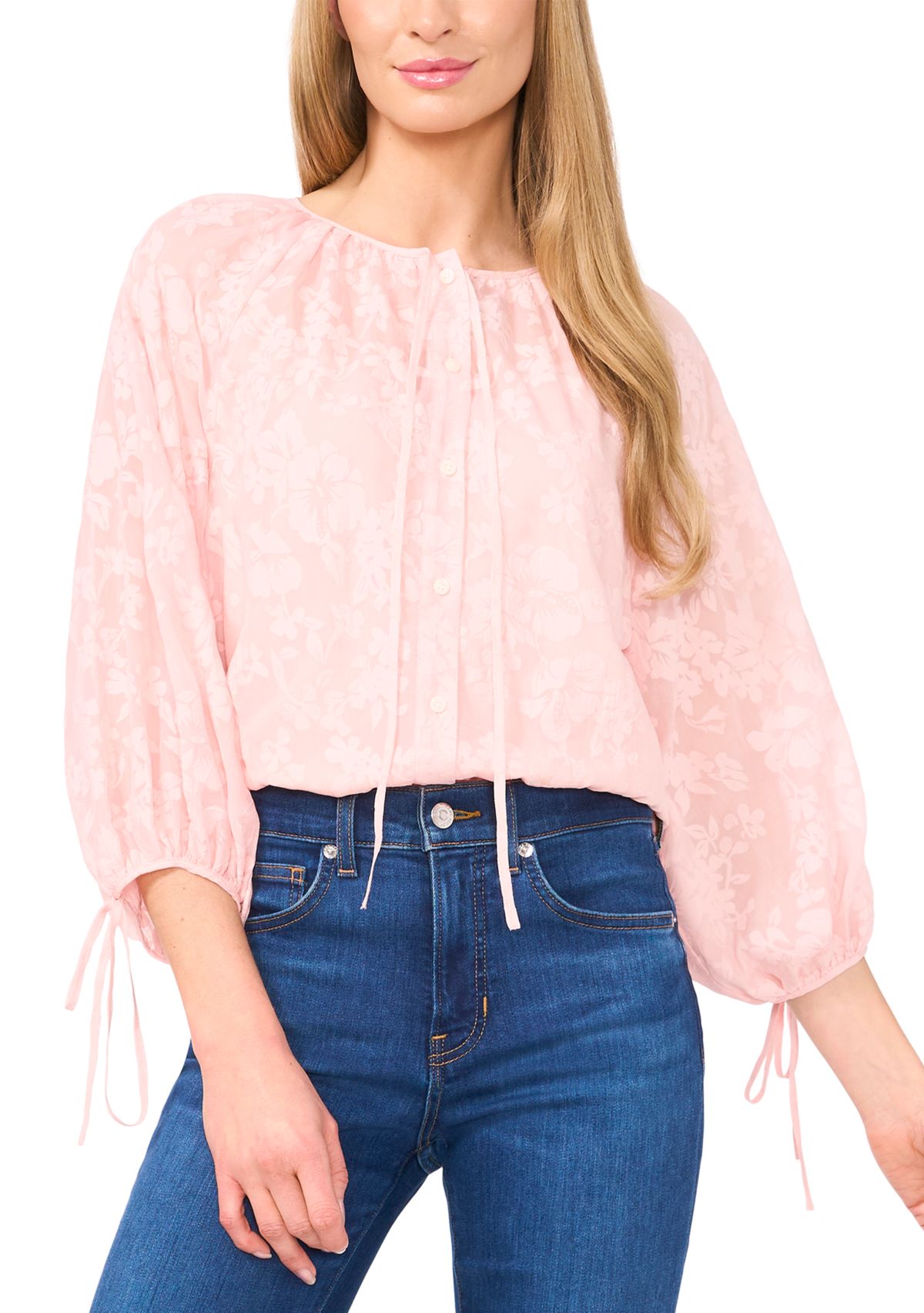 Womens Puff Sleeve Burnout Blouse