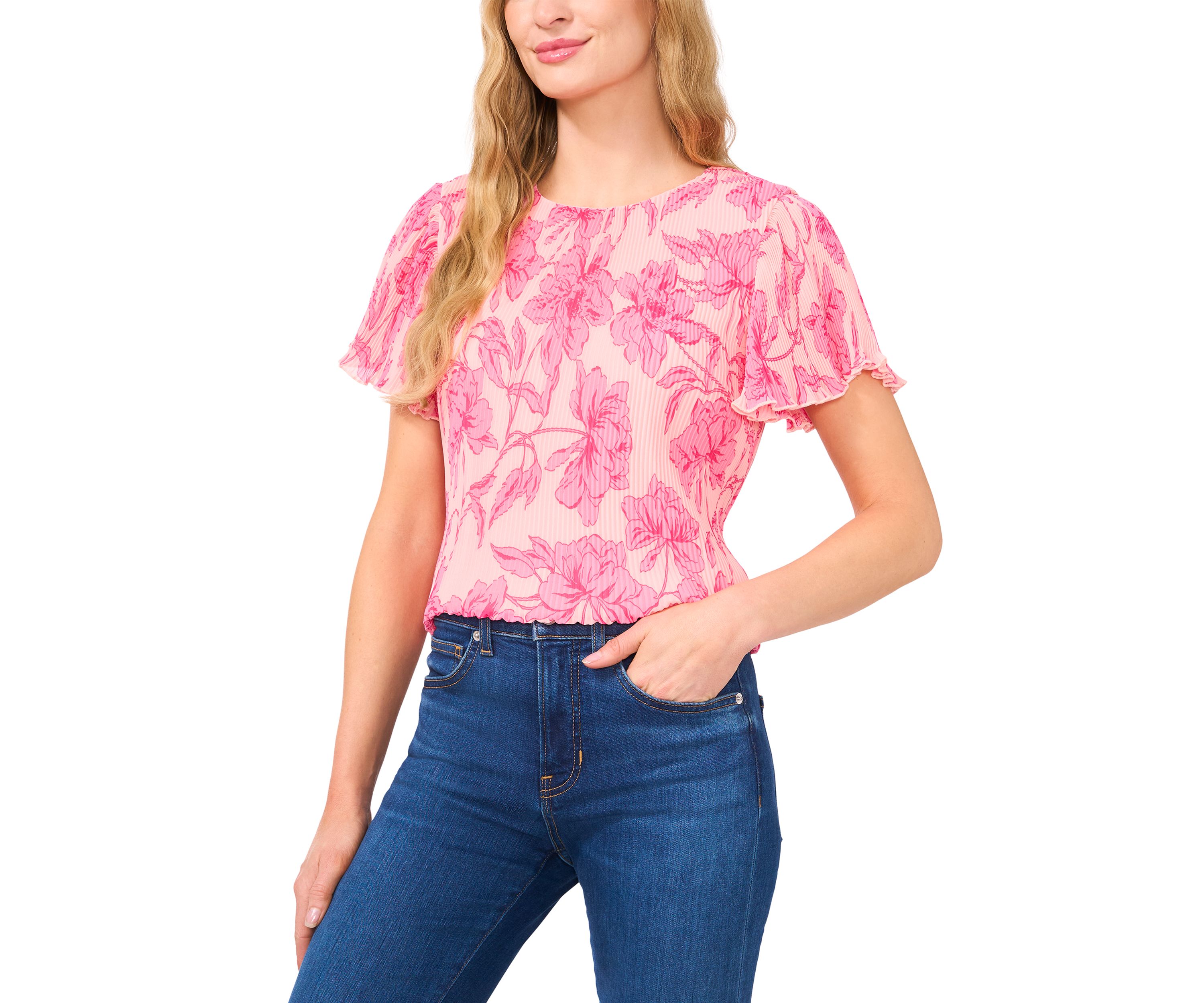 Womens Flutter Sleeve Pleated Floral Blouse