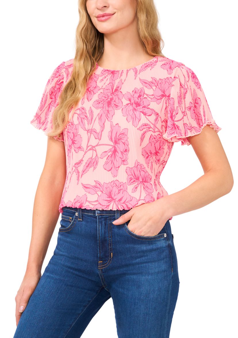 Womens Flutter Sleeve Pleated Floral Blouse
