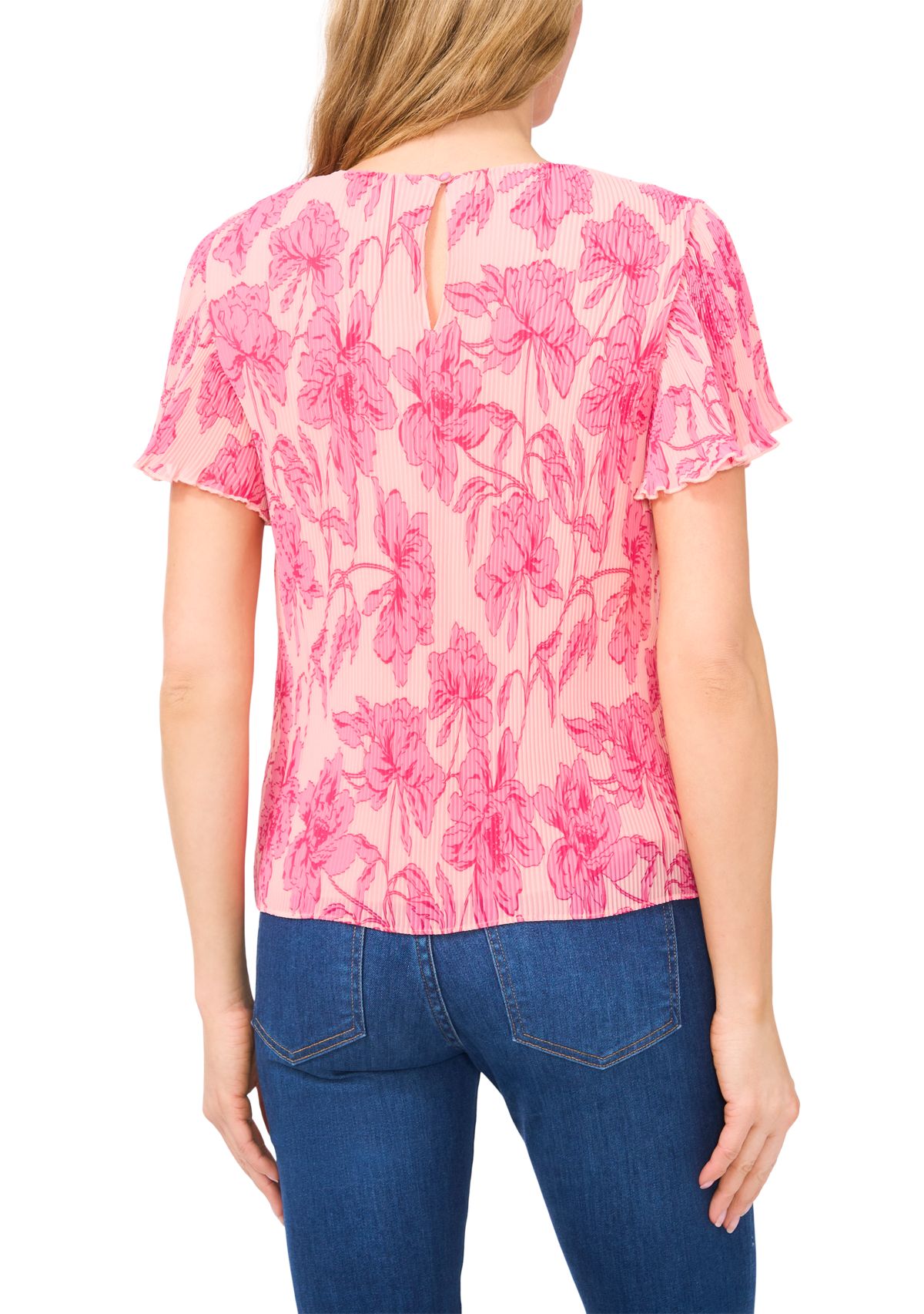 Womens Flutter Sleeve Pleated Floral Blouse