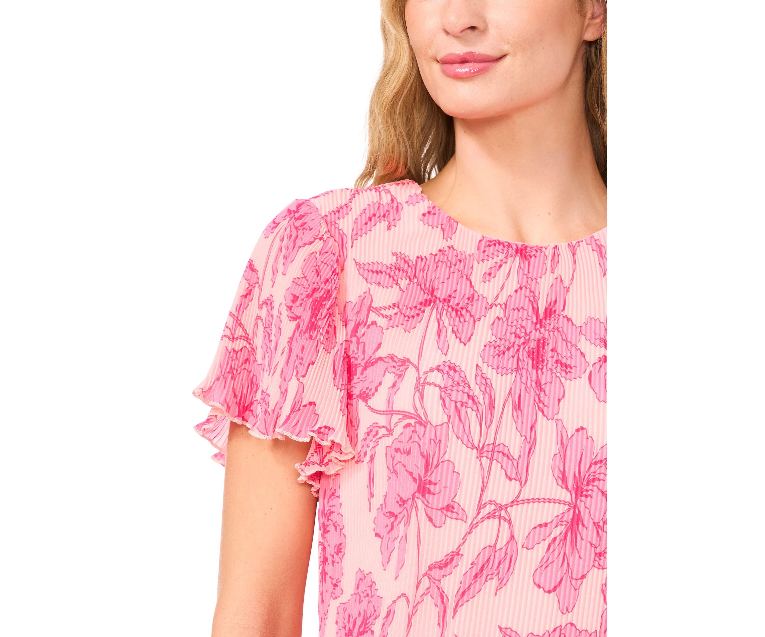 Womens Flutter Sleeve Pleated Floral Blouse