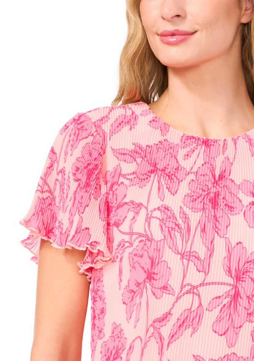 Womens Flutter Sleeve Pleated Floral Blouse