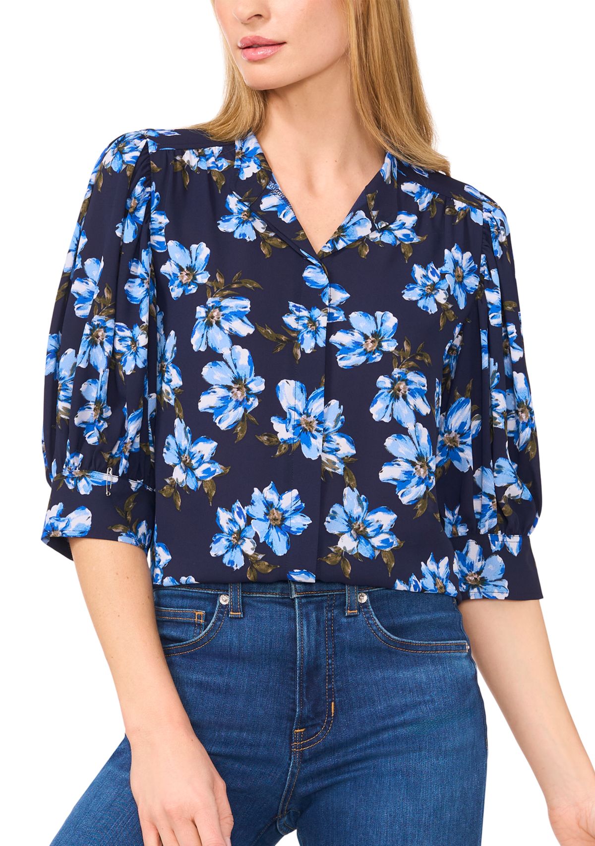 Womens Ruched Short Sleeve Floral Blouse 