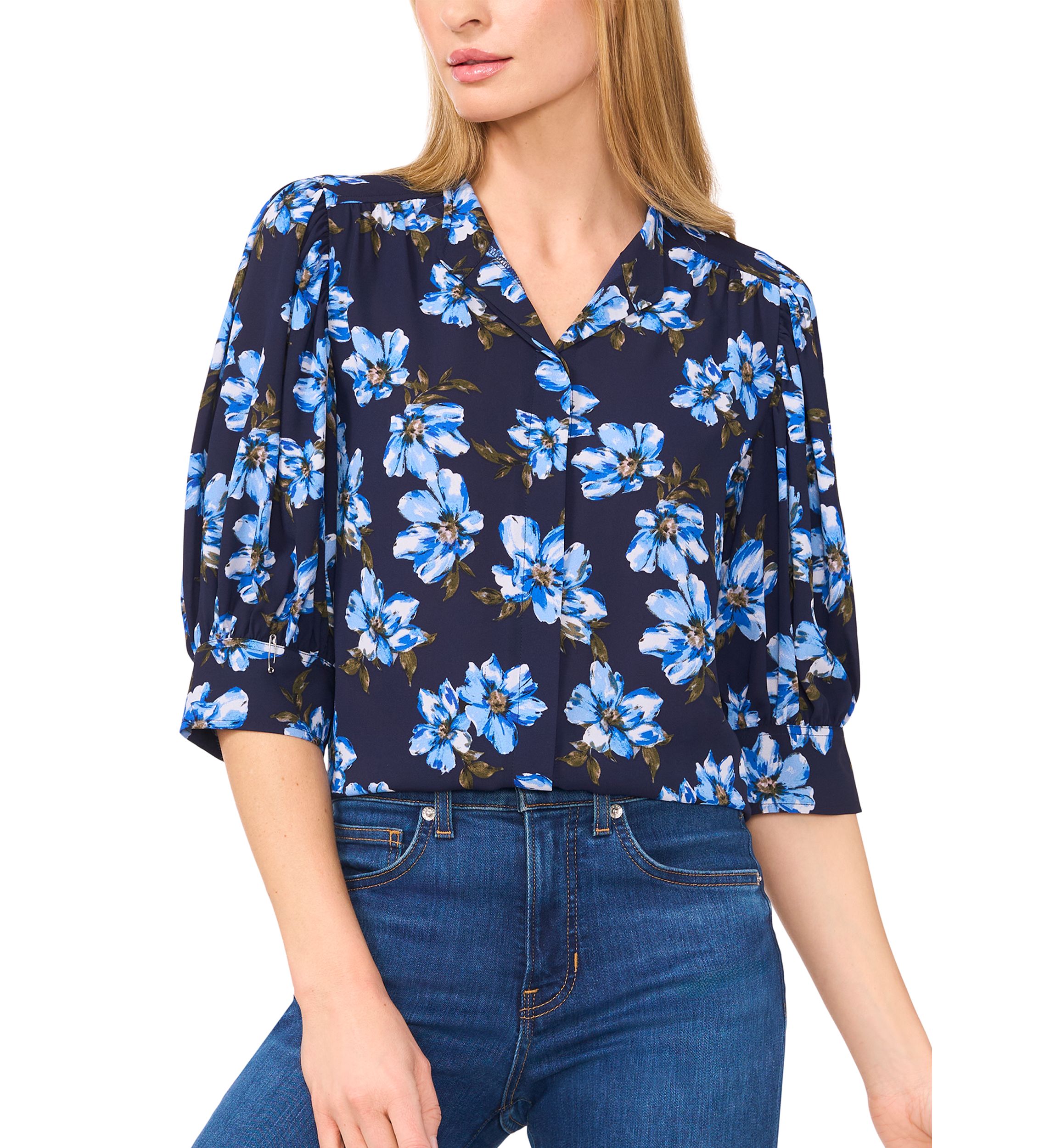 Womens Ruched Short Sleeve Floral Blouse 
