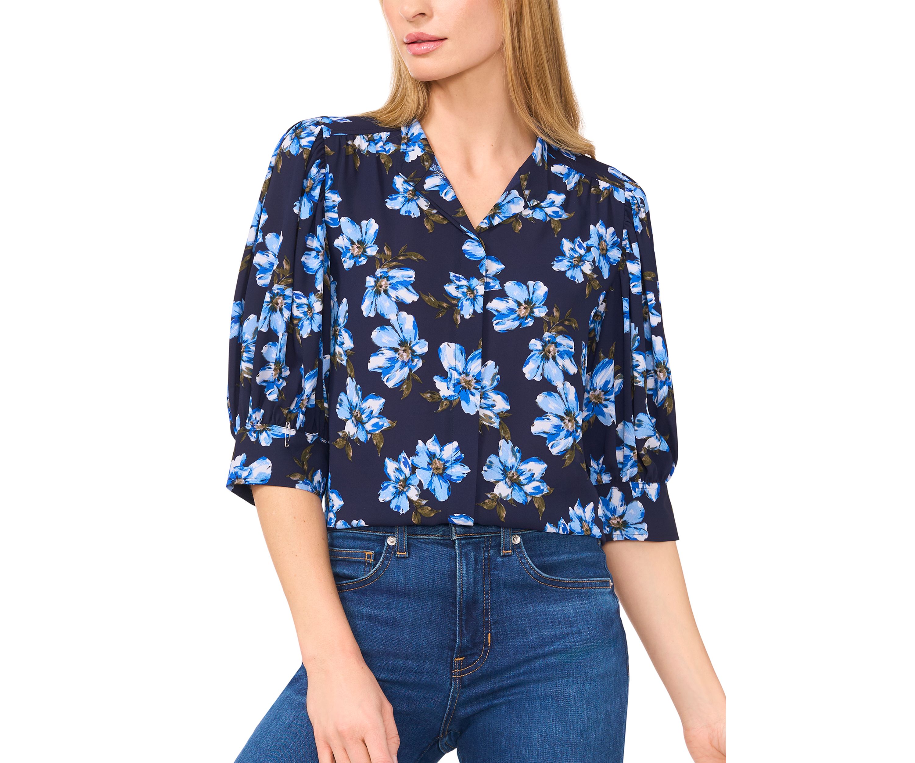 Womens Ruched Short Sleeve Floral Blouse 
